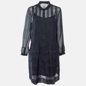 Pre Owned Burberry Brit Midnight Blue Silk Pintucked Knee Length Dress L