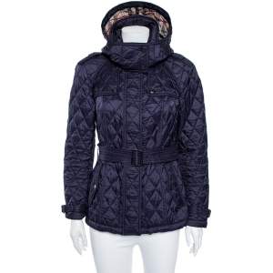 Burberry Brit Navy Blue Quilted Synthetic Finsbridge Belted Hooded Jacket M