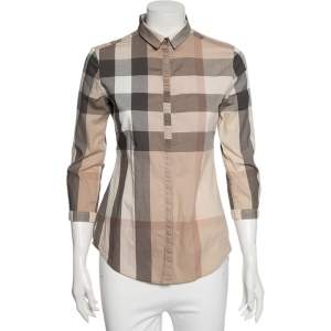 Burberry Brit Beige Cotton Classic Check Ruched Detail Shirt XS