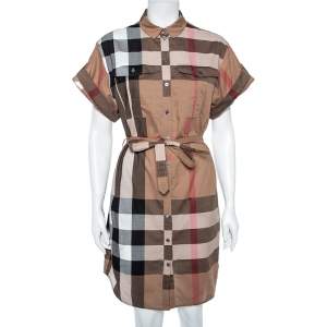 Burberry Brit Brown Checkered Cotton Belted Shirt Dress S