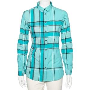 Burberry Brit Blue Checkered Cotton Button Front Shirt S 