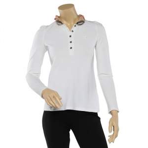 Burberry Brit White Cotton Checked Collar Long Sleeve T-Shirt XS