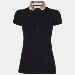 Burberry Brit Black Honeycomb Knit Nova Check Collar Detail Polo T-Shirt S