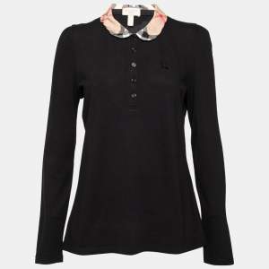 Burberry Brit Black Cotton Pique Nova Check Trim Detail Polo T-Shirt L