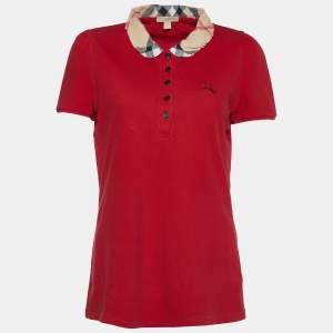 Burberry Brit Red Cotton Pique Nova Check Collar Detail Polo T-Shirt L