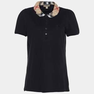 Pre Owned Burberry Brit Black Cotton Pique Nova Check Collar Detail Polo T-Shirt L