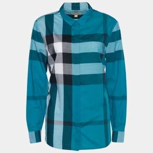 Burberry Brit Blue Exploded Check Cotton Concealed Button Shirt L