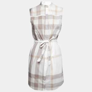 Pre Owned Burberry Brit Off White Checked Cotton Sleeveless Belted Shirt Dress S