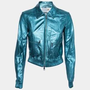 Burberry Brit Metallic Blue Leather Zip Front Biker Jacket S
