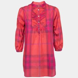 Burberry Brit Pink Madras Check Cotton Ruched Neck Detail Tunic S