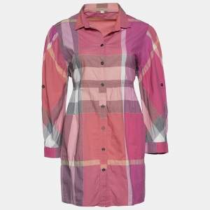 Burberry Brit Pink Nova Check Cotton Button Front Shirt Dress L