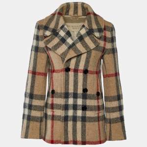 Burberry Brit Beige Giant Check Wool Plumton Pea Coat M