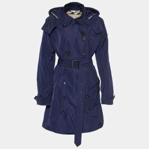 Burberry Brit Navy Blue Synthetic Balmoral Hooded Trench Coat L