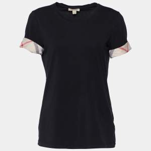 Burberry Brit Black Cotton Knit Nova Check Detail Roundneck T-Shirt L