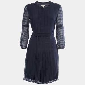 Pre Owned Burberry Brit Navy Blue Striped Wool & Silk Pleated Midi Dress S