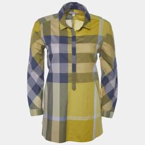 Pre Owned Burberry Brit Grey and Yellow Novacheck Cotton Ruched Placket Detail Shirt XS
