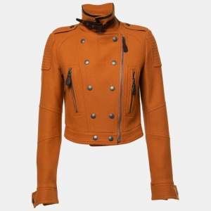 Pre Owned Burberry Brit Amber Orange Wool Biker Jacket S