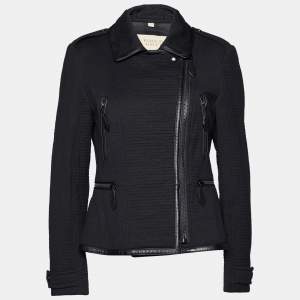 Burberry Brit Black Textured Cotton Leather Trim Biker Jacket M