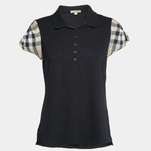Burberry Brit Black Cotton Pique Nova Check Sleeve Detail Polo T-Shirt L