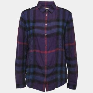 Burberry Brit Blue Plaid Cotton Blend Button Front Full Sleeve Shirt L