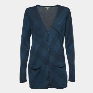 Burberry Brit Navy Blue Checkered Wool Blend Cotton Button Front Cardigan L