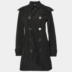 Burberry Brit Black Polyester Double Breasted Hooded Trench Coat S