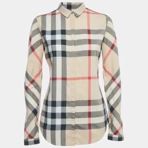 Pre Owned Burberry Brit Beige Checked Printed Cotton Shirt XS