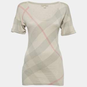 Burberry Brit Beige Checked Silk Blend Knit V-Neck T-Shirt XS