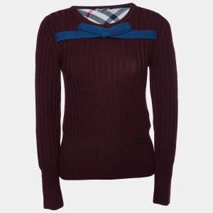 Burberry Brit Burgundy Merino Wool Knit Bow Detail Sweater S