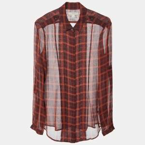 Burberry Brit Brick Red Plaid Check Silk Crepe Pleated Shirt XS