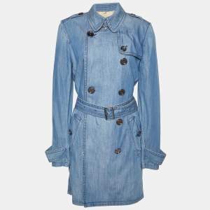 Burberry Brit Blue Denim Double Breasted Belted Trench Coat M