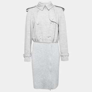 مملوكة مسبقًا معطف بربري تريكو مضلع صوف رصاصي صدرية مزدوجة سحاب أمامي مقاس صغير (سمول)