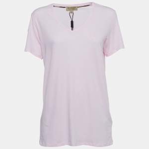 Burberry London Light Pink Logo Embroidered Cotton V-Neck T-Shirt L