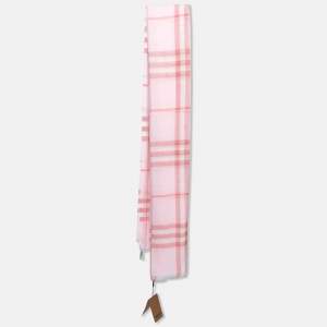 Burberry London Pink Giant Check Pattern Silk & Wool Fringed Scarf