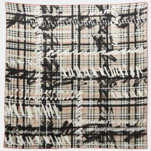Burberry Beige Scribble Printed Checkered Silk Scarf