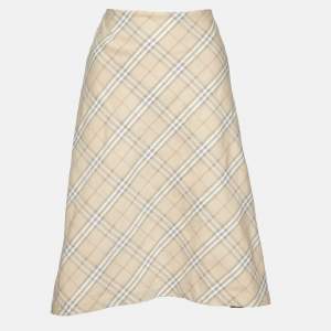 Burberry Beige Plaid Cotton Blend Midi Skirt M