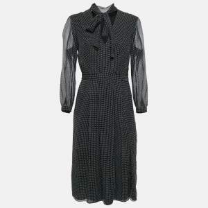 Burberry London Black Polka Dots Print Silk Pleated Midi Dress S