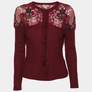 Burberry London Burgundy Merino Wool Knit Macrame Lace Detail Button Front Cardigan M