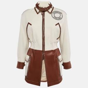 Burberry London Beige/Brown Logo Print Canvas and Leather Zip-Up Jacket XXS