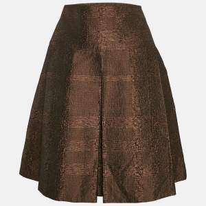 Burberry London Metallic Brown Tartan Checks Jacquard Pleated Knee-Length Skirt S