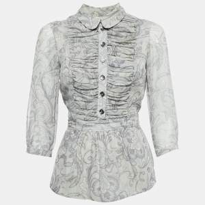 Burberry London Grey Printed Crepe Tie-Up Waist Pleated Top S