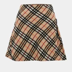 Burberry London Purple Label Beige Diagonal Checks Mohair Blend Buckle Mini Skirt XS