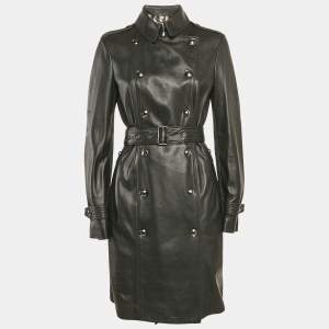 Burberry London Black Leather Double Breasted Trench Coat S