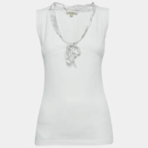 Burberry London White Cotton Knit Tie-Up Neck  Detail Sleeveless Top S