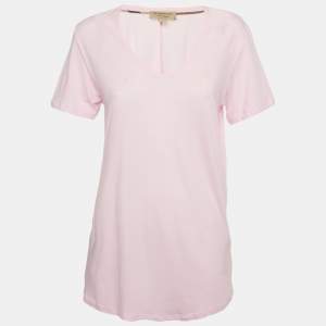 Burberry Pink Logo Embroidered Cotton V-Neck T-Shirt L