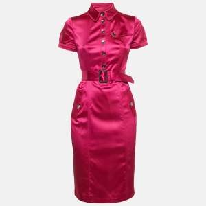 Burberry London Pink Satin Belted Pocket Detail Sheath Dress S