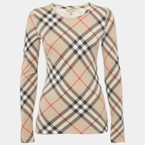 Burberry London Beige Tartan Check Print Cotton Long Sleeve Top S