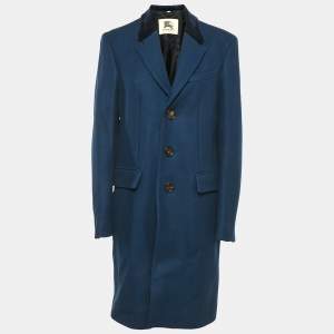 Burberry London Blue Velvet Collar Wool Coat L
