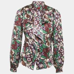Pre Owned Burberry London Multicolor Printed Satin Silk Tie-Up Neck Detail Blouse S