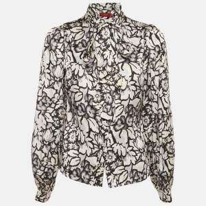 Pre Owned Burberry White/Black Floral Print Satin Silk Tie-Up Neck Detail Blouse S